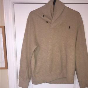Tan Polo sweater with exaggerated buttoned collar
